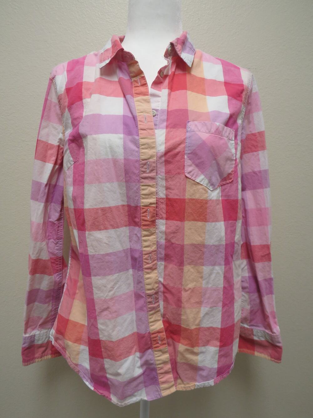 Merona Women's Large Pink Peach White Plaid Long Sleeve Button Up Pocket Fall